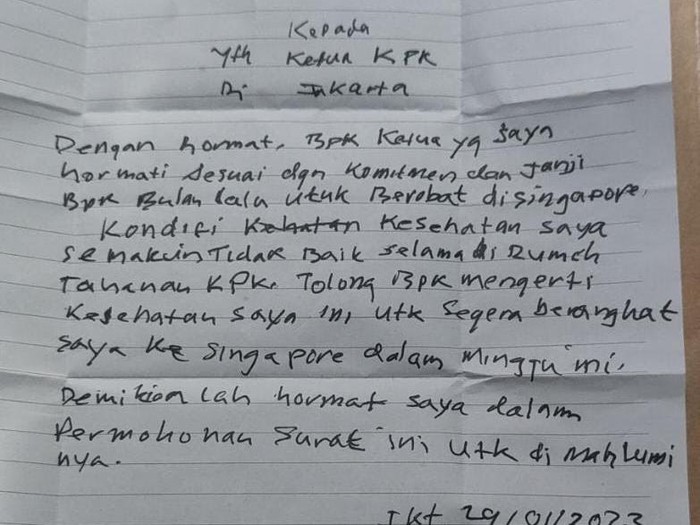 Penampakan surat Lukas Enembe yang dikirimkan ke Ketua KPK Firli Bahuri.