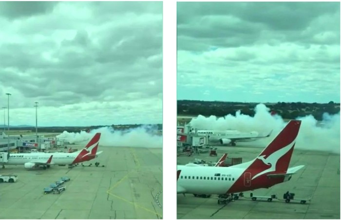 Pesawat Qantas di kelilingi kepulan asap