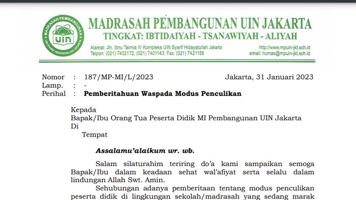 Surat Pemberitahuan Waspada Modus Penculikan Anak (Istimewa)
