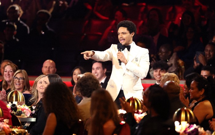 Show host Trevor Noah speaks during the 65th Annual Grammy Awards in Los Angeles, California, U.S., February 5, 2023. REUTERS/Mario Anzuoni
