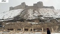 Kastil Gaziantep sebelum gempa (atas) dan sesudah gempa (bawah). Kastil bersejarah yang terletak di distrik Sahinbey itu juga rusak akibat gempa dahsyat tersebut.