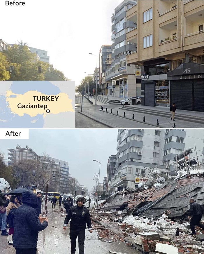 Gedung bertingkat hingga tempat ibadah ambruk akibat gempa bumi di Turki. Ini penampakan gedung sebelum-sesudah gempa Turki.