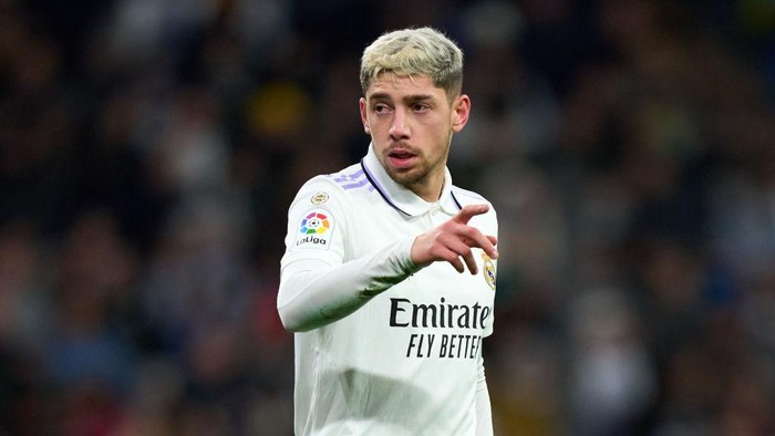MADRID, SPAIN - JANUARY 29: Federico Valverde of Real Madrid gestures during the LaLiga Santander match between Real Madrid CF and Real Sociedad at Estadio Santiago Bernabeu on January 29, 2023 in Madrid, Spain. (Photo by Angel Martinez/Getty Images)