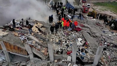 Foto Udara Kerusakan Akibat Gempa di Kota Sarmada Suriah