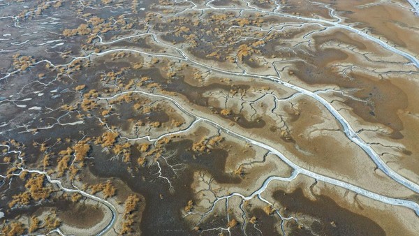 Penampakan air sungai yang membeku di Panjin, China, Senin (6/2/2023).