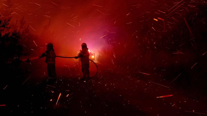 Aksi Petugas Menembus Hutan Membara di Chili Firefighters work to extinguish a wildfire in Quillon, Chile, February 7, 2023. REUTERS/Ivan Alvarado