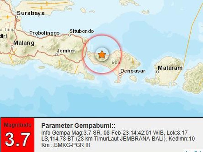 Gempa magnitudo 3,7 mengguncang Kabupaten Jembrana, Bali sekitarnya pukul 15.42.01 Wita, Rabu, 8 Februari 2023.