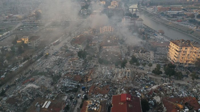 An aerial view shows collapsed and damaged buildings following an earthquake in Hatay, Turkey February 7, 2023. REUTERS/Umit Bektas