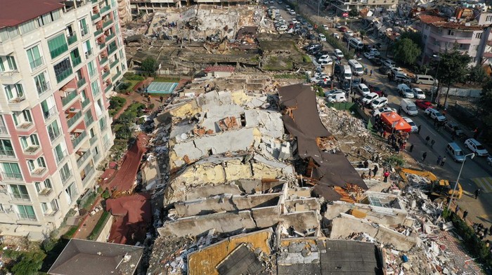 An aerial view shows collapsed and damaged buildings following an earthquake in Hatay, Turkey February 7, 2023. REUTERS/Umit Bektas