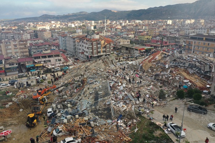 An aerial view shows collapsed and damaged buildings following an earthquake in Hatay, Turkey February 7, 2023. REUTERS/Umit Bektas