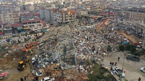An aerial view shows collapsed and damaged buildings following an earthquake in Hatay, Turkey February 7, 2023. REUTERS/Umit Bektas