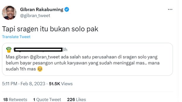 Walkot Solo Gibran Rakabuming disambati perusahaan tak bayar pesangon karyawan meninggal. Foto diunggah Rabu (8/2/2023).