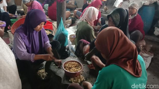 Para pekerja penumbuk melinjo di Indramayu.
