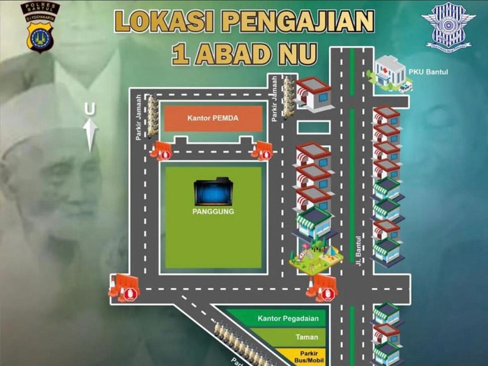 Peta lokasi pengajian 1 abad NU di Lapangan Paseban, Bantul, DIY, Kamis (9/2/2023).