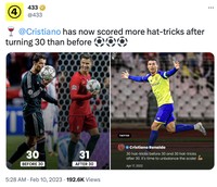 Cristiano Ronaldo memborong empat gol saat Al-Nassr melumat Al-Wehda semalam. Netizen langsung gempar karena CR7 belum habis.