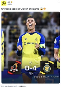 Cristiano Ronaldo memborong empat gol saat Al-Nassr melumat Al-Wehda semalam. Netizen langsung gempar karena CR7 belum habis.