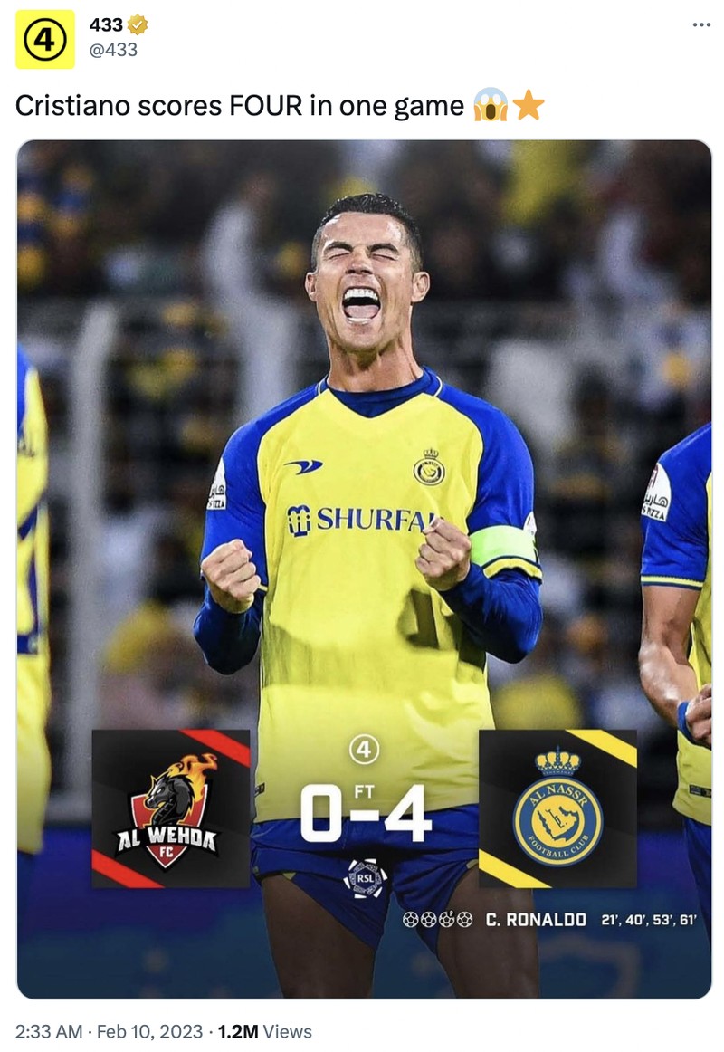 Cristiano Ronaldo memborong empat gol saat Al-Nassr melumat Al-Wehda semalam. Netizen langsung gempar karena CR7 belum habis.