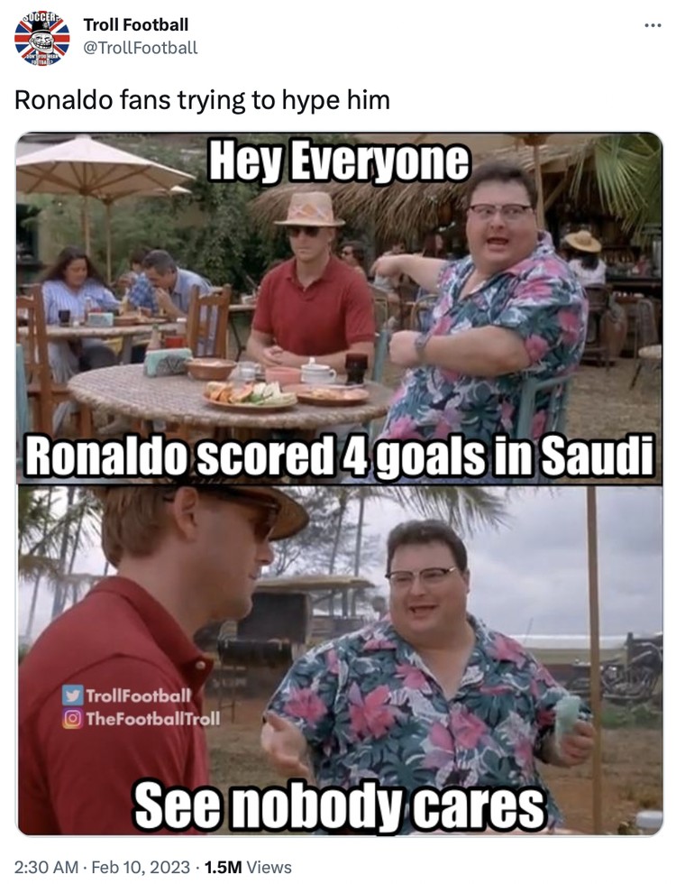Cristiano Ronaldo memborong empat gol saat Al-Nassr melumat Al-Wehda semalam. Netizen langsung gempar karena CR7 belum habis.