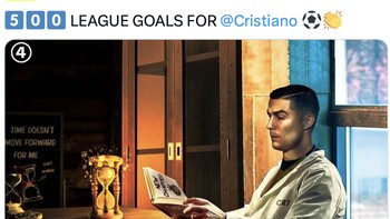 Meme Cristiano Ronaldo membaca headline berita ia cetak 500 gol klub. Foto: Twitter
