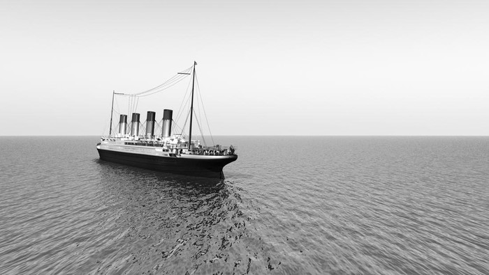 Computer generated 3D illustration with the historic passenger ship Titanic on the high seas in black and white