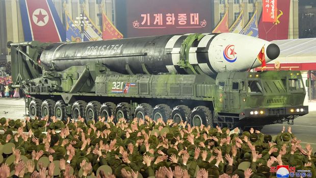 General view of a military parade to mark the 75th founding anniversary of North Korea's army, in Pyongyang, North Korea February 8, 2023, in this photo released by North Korea's Korean Central News Agency (KCNA).    KCNA via REUTERS    ATTENTION EDITORS - THIS IMAGE WAS PROVIDED BY A THIRD PARTY. REUTERS IS UNABLE TO INDEPENDENTLY VERIFY THIS IMAGE. NO THIRD PARTY SALES. SOUTH KOREA OUT. NO COMMERCIAL OR EDITORIAL SALES IN SOUTH KOREA.