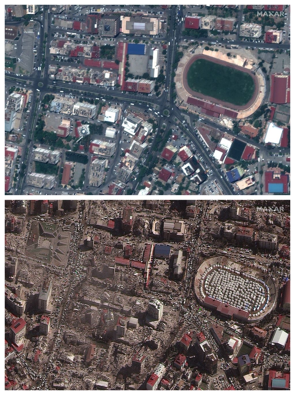 Kombinasi gambar satelit 26 Juli 2022 dan 8 Februari 2023 yang disediakan oleh Maxar Technologies menunjukkan bangunan dan stadion di pusat kota Kahramanmaras, Turki sebelum dan sesudah gempa kuat melanda wilayah tersebut pada Senin, 6 Februari 2023. (Maxar Technologies melalui AP)