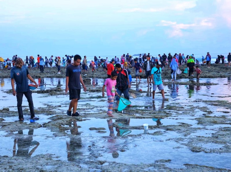 Ribuan warga memadati Pantai Seger, Lombok Tengah, Nusa Tenggara Barat (NTB), dalam acara Bau Nyale 2023 pada pukul 05.30 Wita, Sabtu (11/2/2023).