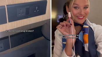 Lagi traveling tiba-tiba colokan universalnya rusak. Colok pakai USB ke TV ya, lain kali. Foto: TikTok/esthersturrus via Bored Panda
