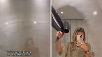 Menghilangkan uap yang suka muncul lagi ketika dilap dengan handuk? Pakai hairdryer. Foto: TikTok/esthersturrus via Bored Panda