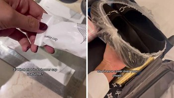 Shower cap selain untuk menutupi rambut bisa buat cover sepatu agar koper tidak kotor. Foto: TikTok/esthersturrus via Bored Panda