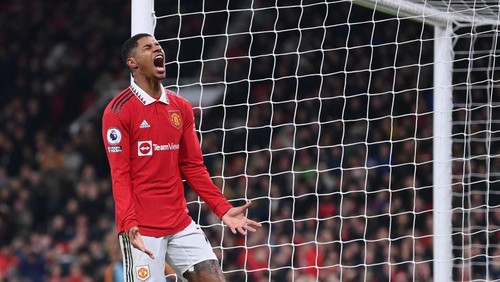 MANCHESTER, ENGLAND - FEBRUARY 08: Marcus Rashford of Manchester United reacts after a missed chanceduring the Premier League match between Manchester United and Leeds United at Old Trafford on February 08, 2023 in Manchester, England. (Photo by Michael Regan/Getty Images)