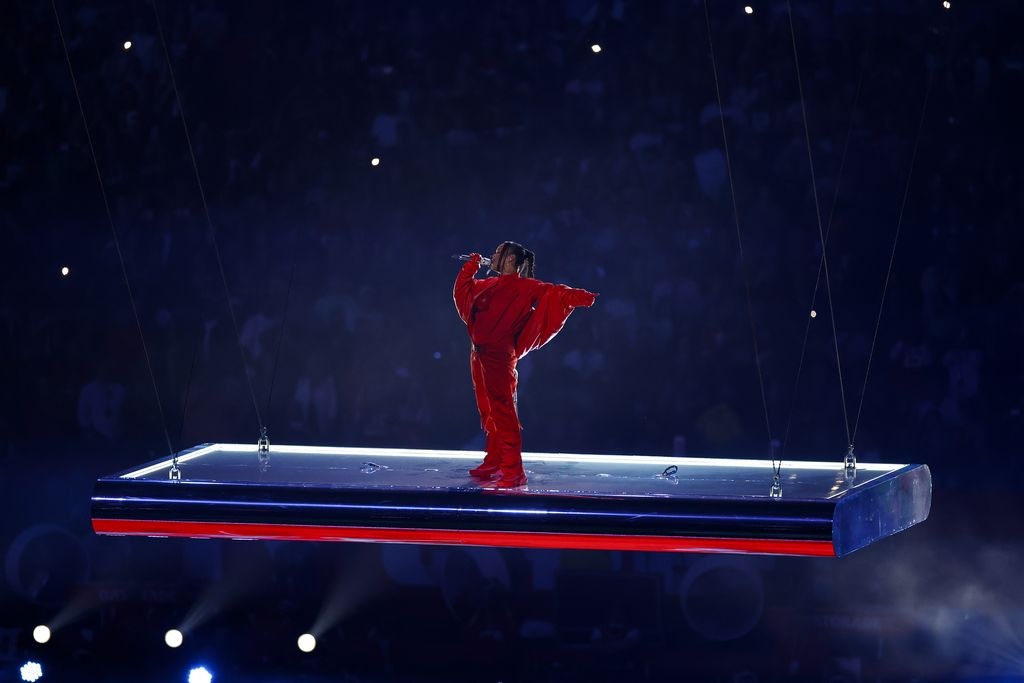 GLENDALE, AZ - FEBRUARY 12: Rihanna performs during the Apple Music Super Bowl LVII Halftime Show at State Farm Stadium on February 12, 2023 in Glendale, Arizona. (Photo by Kevin Sabitus/Getty Images)