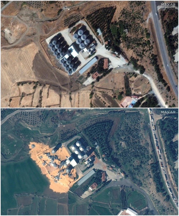 A combination of satellite images shows grain silos before an earthquake in Kirikhan, Turkey, September 27, 2021 (top), and the same grain silos destroyed after an earthquake in Kirikhan, Turkey, February 9, 2023. Satellite image copyright 2023 Maxar Technologies/Handout via REUTERS ATTENTION EDITORS - THIS IMAGE HAS BEEN SUPPLIED BY A THIRD PARTY. MANDATORY CREDIT. NO RESALES. NO ARCHIVES. DO NOT OBSCURE LOG