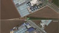 Foto satelit memperlihatkan gudang penyimpanan biji-bijian sebelum dan setelah diguncang gempa di Kirikhan, Turki, Kamis (9/2/2023). Satellite image copyright 2023 Maxar Technologies/Handout via REUTERS.