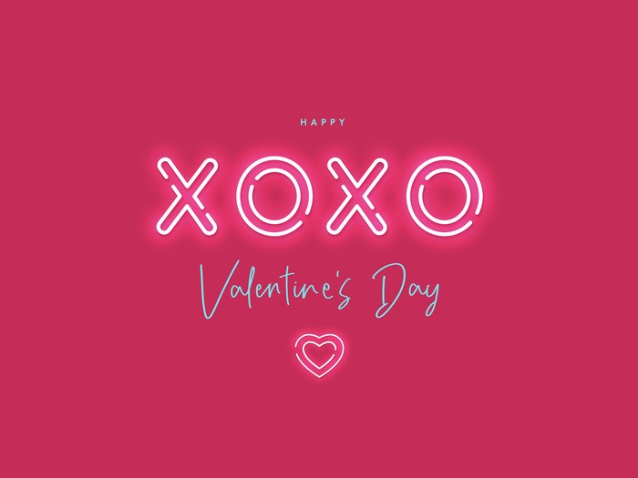 Happy Valentines Day. Modern design with neon lighting heart and text XoXo on pink red background. Vector illustration for greeting card, banner, poster or flyer design, social media and fashion ads