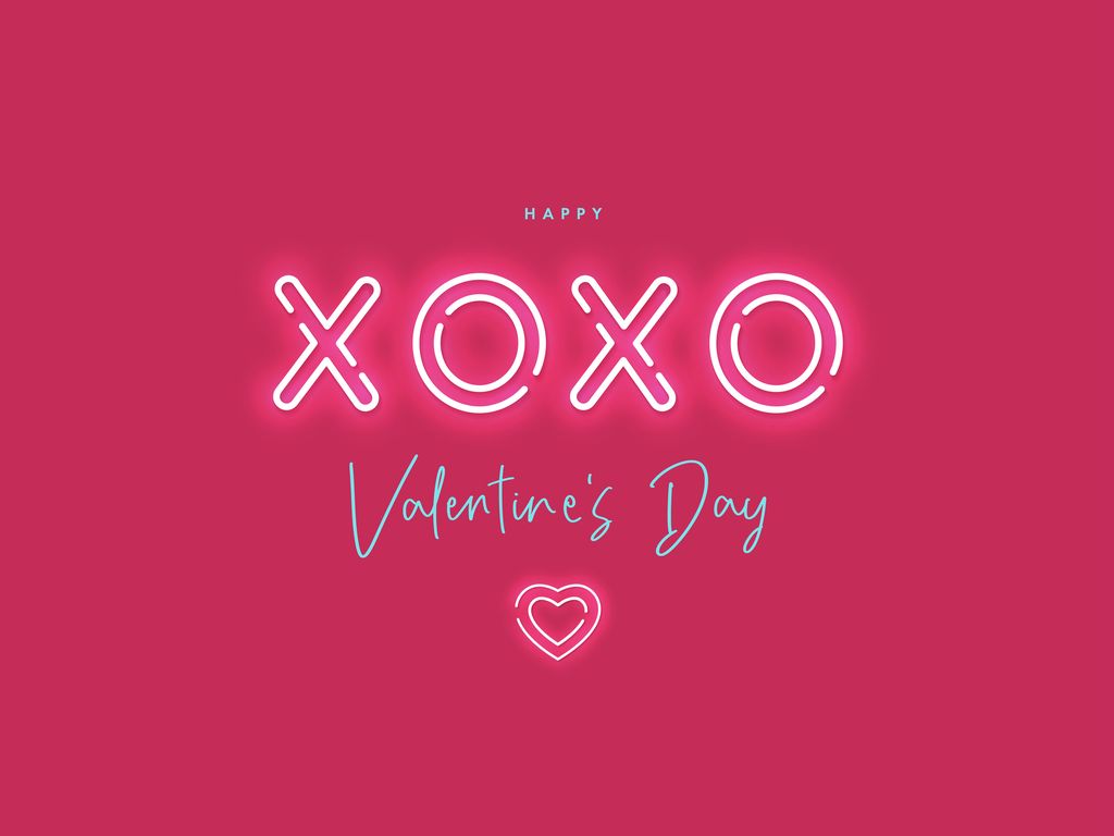 Happy Valentines Day. Modern design with neon lighting heart and text XoXo on pink red background. Vector illustration for greeting card, banner, poster or flyer design, social media and fashion ads