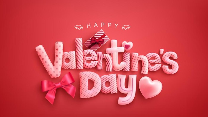 Happy Valentines Day Poster or banner with cute font,sweet hearts and gift box on red background.Promotion and shopping template or background for Love and Valentines day concept