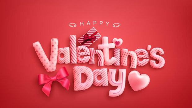 Happy Valentine's Day Poster or banner with cute font,sweet hearts and gift box on red background.Promotion and shopping template or background for Love and Valentine's day concept