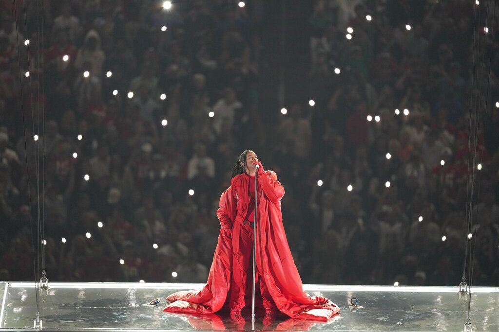 Rihanna performs during the halftime show at the NFL Super Bowl 57 football game between the Kansas City Chiefs and the Philadelphia Eagles, Sunday, Feb. 12, 2023, in Glendale, Ariz. (AP Photo/Ashley Landis)