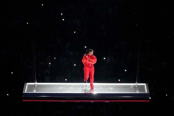 Rihanna performs during the halftime show at the NFL Super Bowl 57 football game between the Kansas City Chiefs and the Philadelphia Eagles, Sunday, Feb. 12, 2023, in Glendale, Ariz. (AP Photo/Ashley Landis)