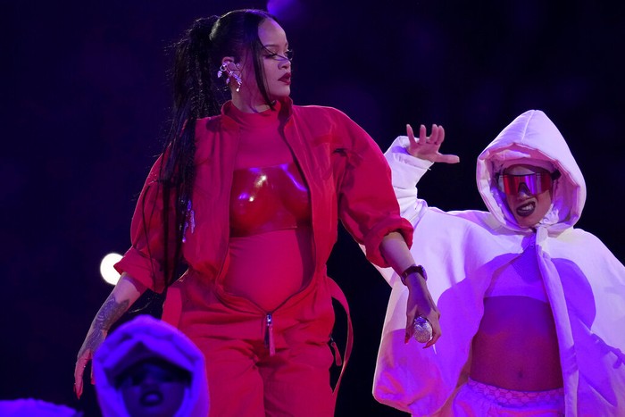Rihanna performs during the halftime show at the NFL Super Bowl 57 football game between the Kansas City Chiefs and the Philadelphia Eagles, Sunday, Feb. 12, 2023, in Glendale, Ariz. (AP Photo/Ashley Landis)