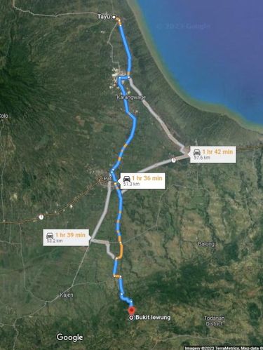 Rute dari wilayah Kecamatan Tayu menuju Desa Wukirsari, Kecamatan Tambakromo, Kabupaten Pati, dilihat dari Google Maps pada Senin (13/2/2023).