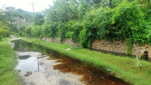 Air lindi dari TPA Kebon Kongok di Lombok Barat meluber ke jalan akses warga dari Dusun Bongor ke Desa Suka Makmur. (istimewa)