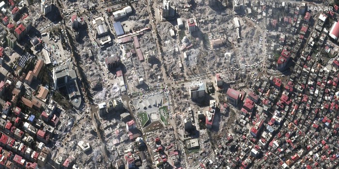 This satellite image provided by Maxar Technologies shows building damage, debris removal and temporary shelters in Kahramanmaras, Turkey, Monday, Feb. 13, 2023. There is significant damage to critical infrastructure across the region. (Satellite image ©2023 Maxar Technologies via AP)