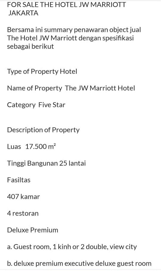 Hotel JW Marriot di kawasan Kuninang dijual dengan 2,5 Triliun di sebuah toko online. (Tangkapan Layar Lamudi)