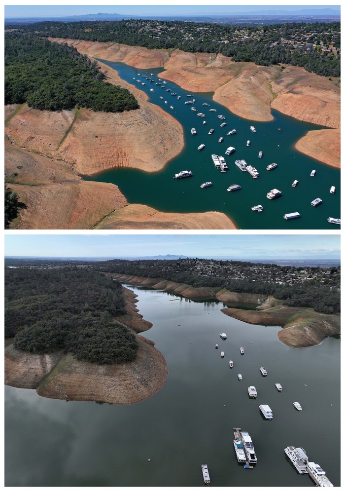 (EDITORS NOTE: COMPOSITE IMAGE of 1330091157 - TOP IMAGE and 1466119635 - BOTTOM IMAGE) In this before-and-after composite image, a comparison of water levels at Lake Oroville: **TOP IMAGE** OROVILLE, CALIFORNIA - JULY 22: In an aerial view, low water levels are visible at Lake Oroville on July 22, 2021 in Oroville, California. As the extreme drought emergency continues in California, Lake Oroville's water levels are continuing to drop to 28 percent of capacity. State water officials say that Lake Oroville's Edward Hyatt Powerplant might be forced to shut down the hydroelectric plant as soon as August or September if water levels continue to drop. (Photo by Justin Sullivan/Getty Images) **BOTTOM IMAGE** OROVILLE, CALIFORNIA - FEBRUARY 14: In an aerial view, the Enterprise Bridge traverses Lake Oroville on February 14, 2023 in Oroville, California. Amid torrential rain at the start of the year, the water level at Lake Oroville, the state's second largest reservoir, has risen from historic lows to 821.15 feet mean sea level, or 69 percent of full at 900 feet. (Photo by Justin Sullivan/Getty Images)