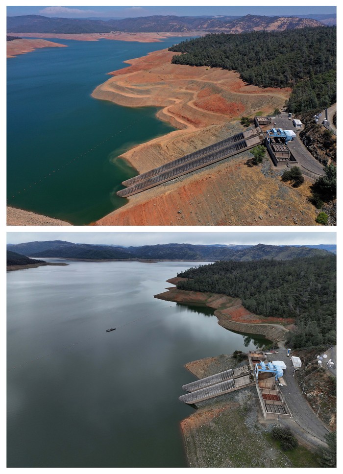 (EDITORS NOTE: COMPOSITE IMAGE of 1330091157 - TOP IMAGE and 1466119635 - BOTTOM IMAGE) In this before-and-after composite image, a comparison of water levels at Lake Oroville: **TOP IMAGE** OROVILLE, CALIFORNIA - JULY 22: In an aerial view, low water levels are visible at Lake Oroville on July 22, 2021 in Oroville, California. As the extreme drought emergency continues in California, Lake Oroville's water levels are continuing to drop to 28 percent of capacity. State water officials say that Lake Oroville's Edward Hyatt Powerplant might be forced to shut down the hydroelectric plant as soon as August or September if water levels continue to drop. (Photo by Justin Sullivan/Getty Images) **BOTTOM IMAGE** OROVILLE, CALIFORNIA - FEBRUARY 14: In an aerial view, the Enterprise Bridge traverses Lake Oroville on February 14, 2023 in Oroville, California. Amid torrential rain at the start of the year, the water level at Lake Oroville, the state's second largest reservoir, has risen from historic lows to 821.15 feet mean sea level, or 69 percent of full at 900 feet. (Photo by Justin Sullivan/Getty Images)