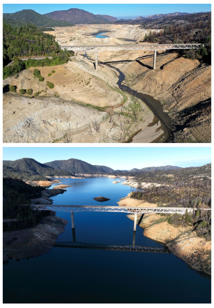 Imbas Badai, Waduk Terbesar Kedua di California yang Mengering Mulai Pulih (EDITORS NOTE: COMPOSITE IMAGE of 1330091157 - TOP IMAGE and 1466119635 - BOTTOM IMAGE) In this before-and-after composite image, a comparison of water levels at Lake Oroville: **TOP IMAGE** OROVILLE, CALIFORNIA - JULY 22: In an aerial view, low water levels are visible at Lake Oroville on July 22, 2021 in Oroville, California. As the extreme drought emergency continues in California, Lake Oroville's water levels are continuing to drop to 28 percent of capacity. State water officials say that Lake Oroville's Edward Hyatt Powerplant might be forced to shut down the hydroelectric plant as soon as August or September if water levels continue to drop. (Photo by Justin Sullivan/Getty Images) **BOTTOM IMAGE** OROVILLE, CALIFORNIA - FEBRUARY 14: In an aerial view, the Enterprise Bridge traverses Lake Oroville on February 14, 2023 in Oroville, California. Amid torrential rain at the start of the year, the water level at Lake Oroville, the state's second largest reservoir, has risen from historic lows to 821.15 feet mean sea level, or 69 percent of full at 900 feet. (Photo by Justin Sullivan/Getty Images)