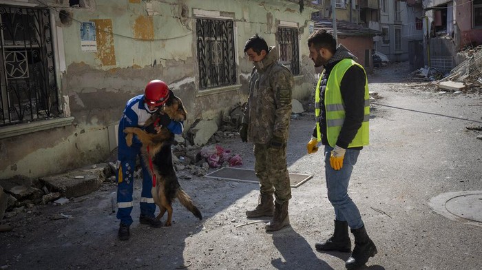 Mehmet Gurkan, a member of the Turkish animal rights group HAYTAP, rescues a dog that was trapped for seven days inside a house affected by the earthquake in Antakya, southeastern Turkey, on Sunday, Feb. 12, 2023. (AP Photo/Bernat Armangue)