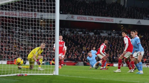 LONDON, ENGLAND - FEBRUARY 15: Erling Haaland of Manchester City scores the 3rd goal during the Premier League match between Arsenal FC and Manchester City at Emirates Stadium on February 15, 2023 in London, United Kingdom. (Photo by Marc Atkins/Getty Images)